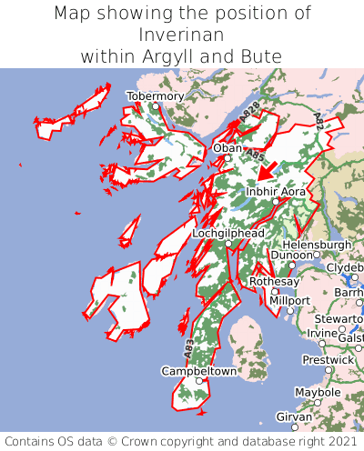 Map showing location of Inverinan within Argyll and Bute