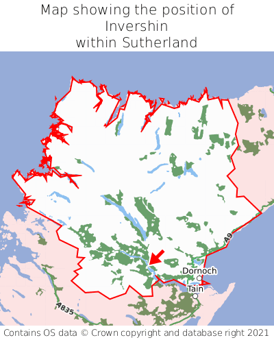 Map showing location of Invershin within Sutherland