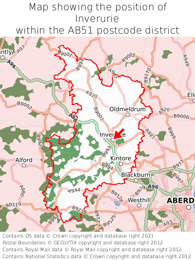 Map showing location of Inverurie within AB51