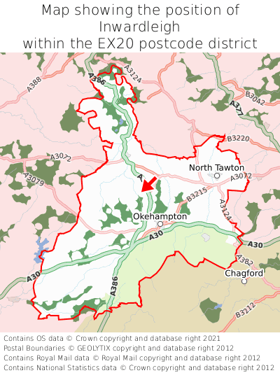 Map showing location of Inwardleigh within EX20