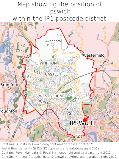 Map showing location of Ipswich within IP1