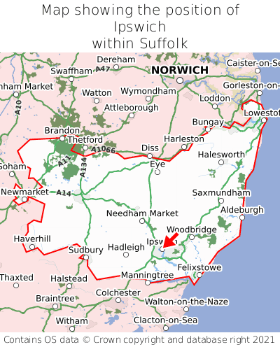 Map showing location of Ipswich within Suffolk