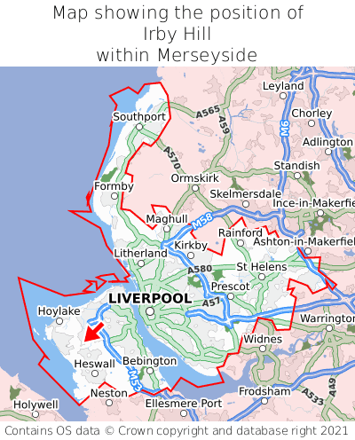 Map showing location of Irby Hill within Merseyside