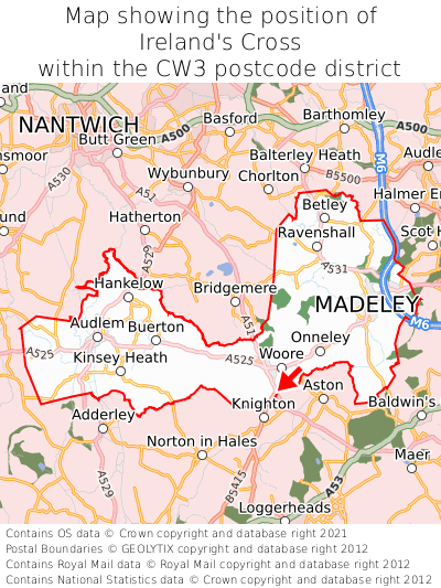 Map showing location of Ireland's Cross within CW3