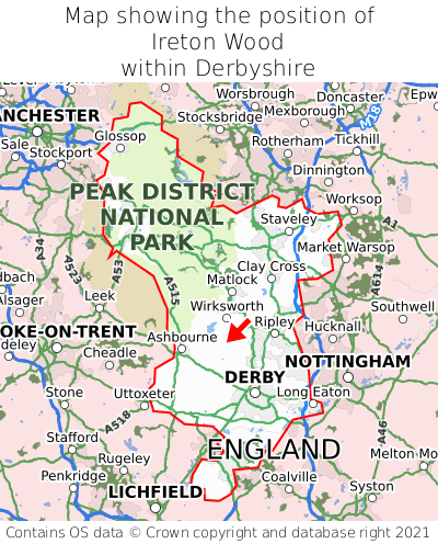 Map showing location of Ireton Wood within Derbyshire