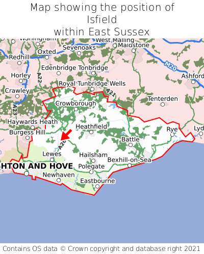 Map showing location of Isfield within East Sussex