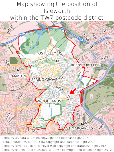 Map showing location of Isleworth within TW7
