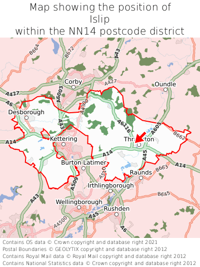 Map showing location of Islip within NN14