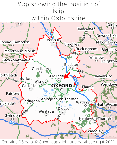 Map showing location of Islip within Oxfordshire
