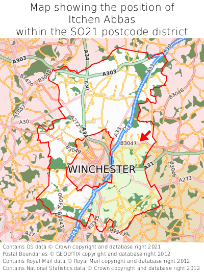 Map showing location of Itchen Abbas within SO21