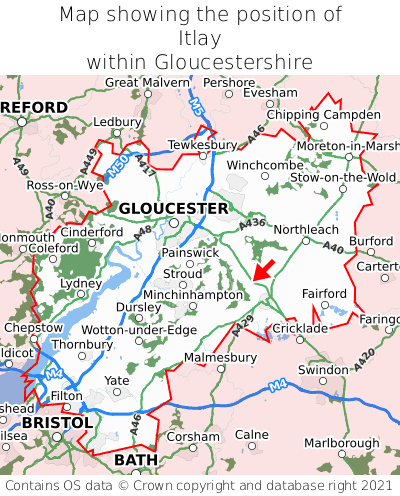 Map showing location of Itlay within Gloucestershire