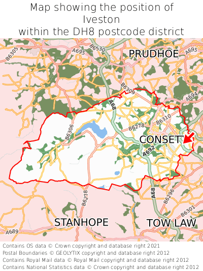 Map showing location of Iveston within DH8