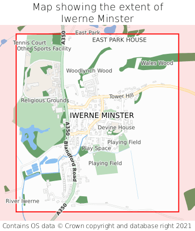 Map showing extent of Iwerne Minster as bounding box