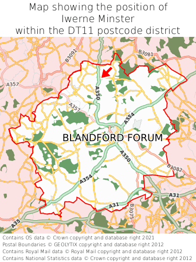 Map showing location of Iwerne Minster within DT11