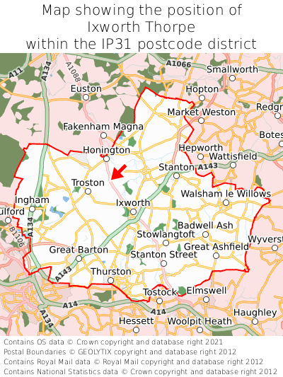 Map showing location of Ixworth Thorpe within IP31