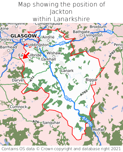 Map showing location of Jackton within Lanarkshire