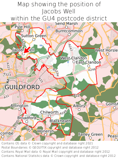 Map showing location of Jacobs Well within GU4