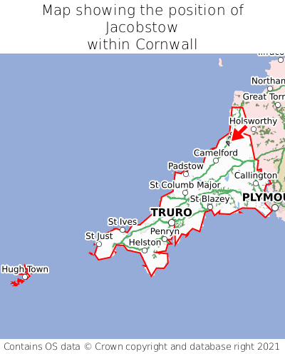Map showing location of Jacobstow within Cornwall