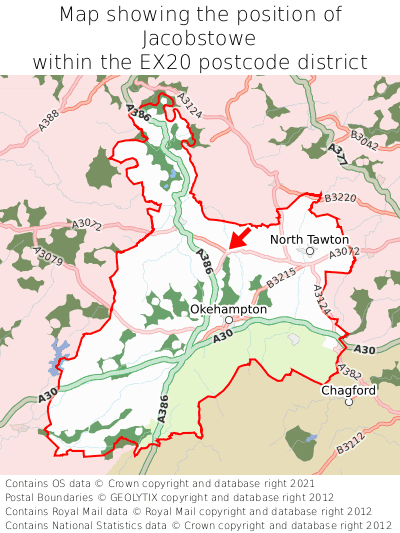 Map showing location of Jacobstowe within EX20