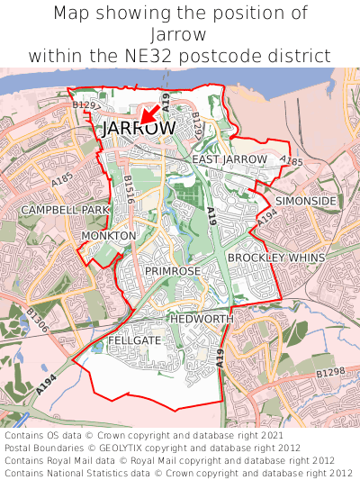 Map showing location of Jarrow within NE32