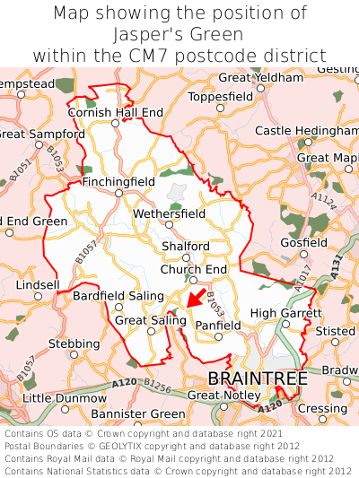 Map showing location of Jasper's Green within CM7