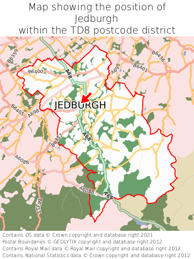 Map showing location of Jedburgh within TD8