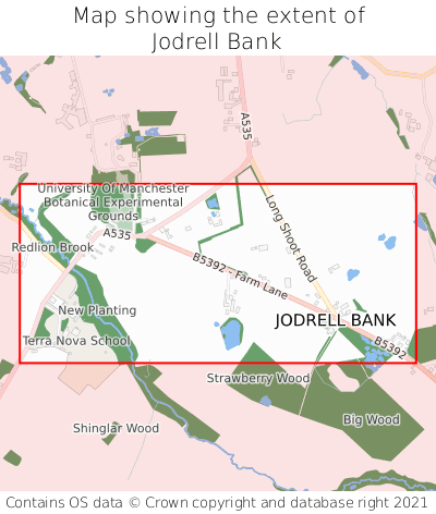 Map showing extent of Jodrell Bank as bounding box