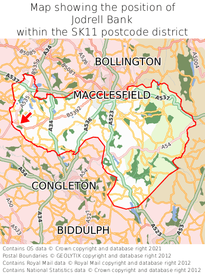 Map showing location of Jodrell Bank within SK11