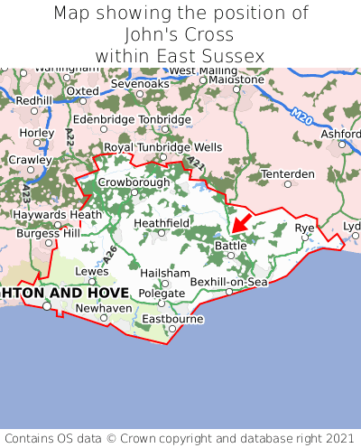 Map showing location of John's Cross within East Sussex