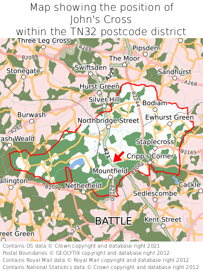 Map showing location of John's Cross within TN32