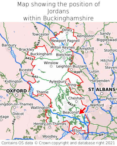 Map showing location of Jordans within Buckinghamshire