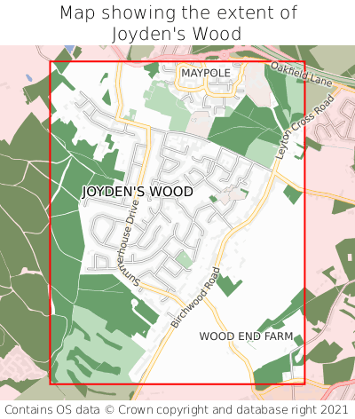 Map showing extent of Joyden's Wood as bounding box