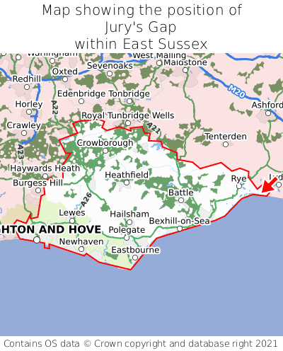 Map showing location of Jury's Gap within East Sussex