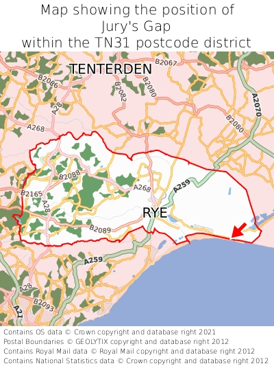 Map showing location of Jury's Gap within TN31