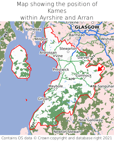 Map showing location of Kames within Ayrshire and Arran