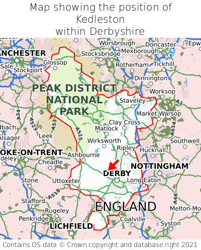 Map showing location of Kedleston within Derbyshire