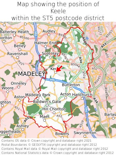 Map showing location of Keele within ST5