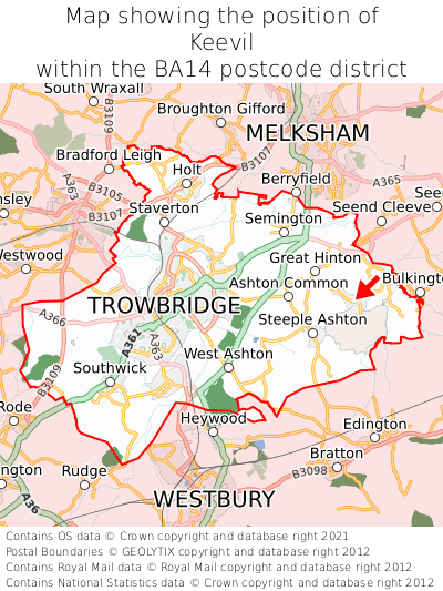 Map showing location of Keevil within BA14