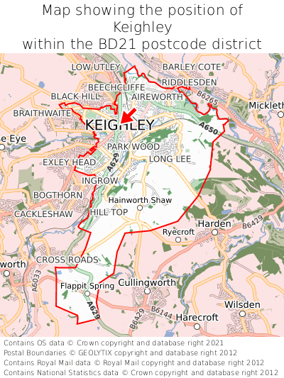 Map showing location of Keighley within BD21