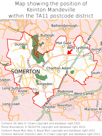 Map showing location of Keinton Mandeville within TA11