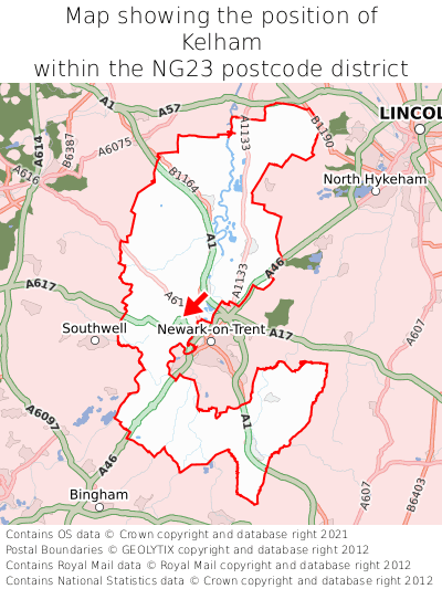 Map showing location of Kelham within NG23