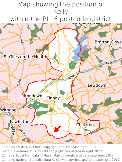 Map showing location of Kelly within PL16
