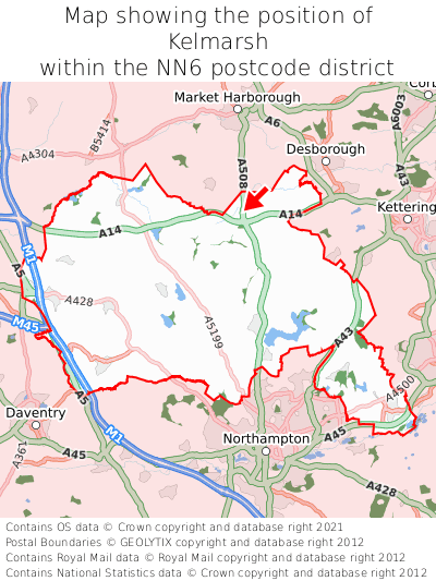 Map showing location of Kelmarsh within NN6