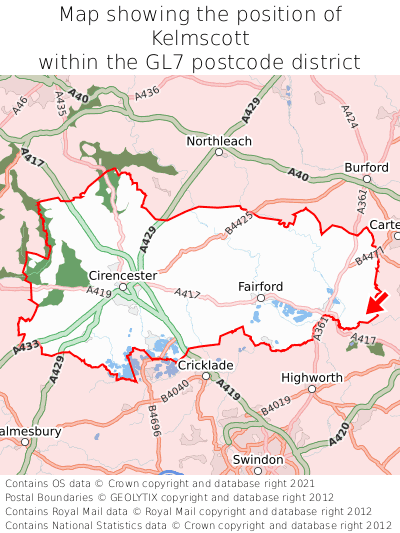 Map showing location of Kelmscott within GL7