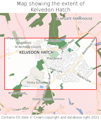 Map showing extent of Kelvedon Hatch as bounding box