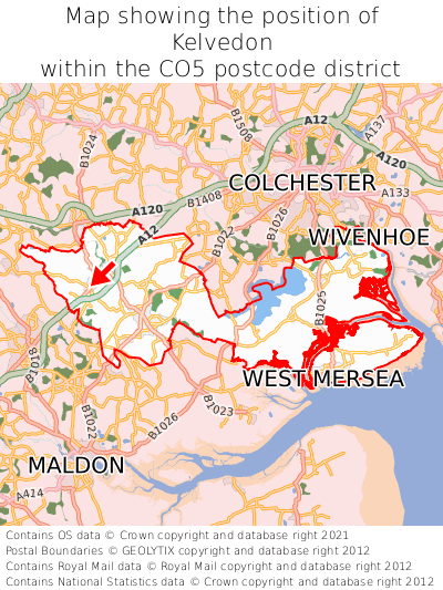 Map showing location of Kelvedon within CO5
