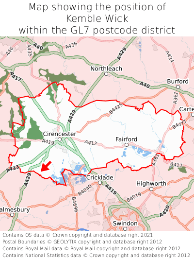 Map showing location of Kemble Wick within GL7