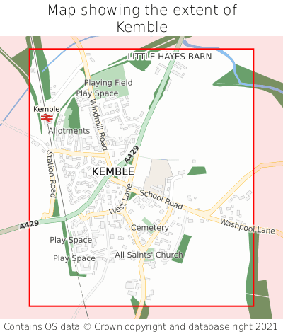 Map showing extent of Kemble as bounding box