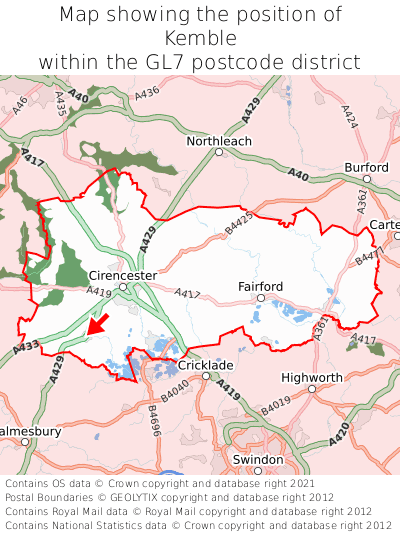 Map showing location of Kemble within GL7