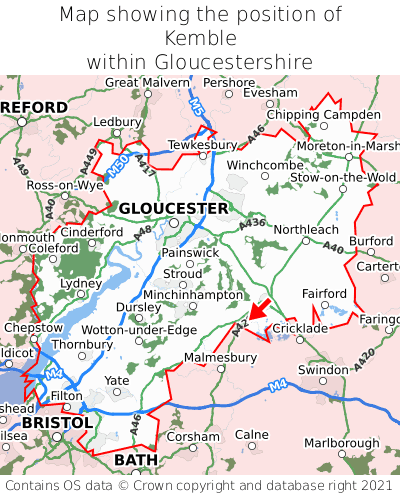 Map showing location of Kemble within Gloucestershire